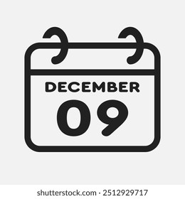 Vector icon page calendar day of month - 9 December. 9th day of month - Sunday, Monday, Tuesday, Wednesday, Thursday, Friday, Saturday. Anniversary, reminder, plan, to-do list. Calender on the wall