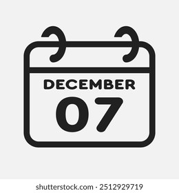 Vector icon page calendar day of month - 7 December. 7th day of month - Sunday, Monday, Tuesday, Wednesday, Thursday, Friday, Saturday. Anniversary, reminder, plan, to-do list. Calender on the wall