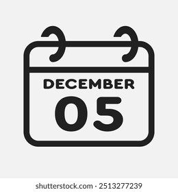 Vector icon page calendar day of month - 5 December. 5th day of month - Sunday, Monday, Tuesday, Wednesday, Thursday, Friday, Saturday. Anniversary, reminder, plan, to-do list. Calender on the wall