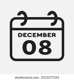 Vector icon page calendar day of month - 8 December. 8th day of month - Sunday, Monday, Tuesday, Wednesday, Thursday, Friday, Saturday. Anniversary, reminder, plan, to-do list. Calender on the wall