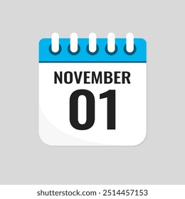 Vector icon page calendar day of month - 1 November. 1th day of month - Sunday, Monday, Tuesday, Wednesday, Thursday, Friday, Saturday. Anniversary, reminder, plan, to-do list. Calender on the wall