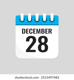 Vector icono de página día calendario del mes - 28 de diciembre. Día 28 del mes - Domingo, Lunes, Martes, Miércoles, Jueves, Viernes, Sábado. Aniversario, recordatorio, Plan, lista de cosas por hacer. Calendario en la pared