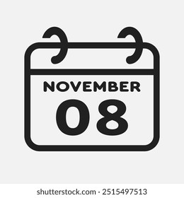 Vector icon page calendar day of month - 8 November. 8th day of month - Sunday, Monday, Tuesday, Wednesday, Thursday, Friday, Saturday. Anniversary, reminder, plan, to-do list. Calender on the wall