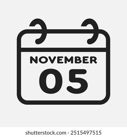 Vector icon page calendar day of month - 5 November. 5th day of month - Sunday, Monday, Tuesday, Wednesday, Thursday, Friday, Saturday. Anniversary, reminder, plan, to-do list. Calender on the wall