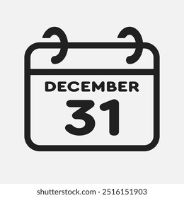 Vector icon page calendar day of month - 31 December. 31th day of month - Sunday, Monday, Tuesday, Wednesday, Thursday, Friday, Saturday. Anniversary, reminder, plan, to-do list. Calender on the wall