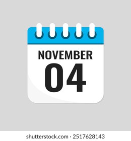 Vector icon page calendar day of month - 4 November. 4th day of month - Sunday, Monday, Tuesday, Wednesday, Thursday, Friday, Saturday. Anniversary, reminder, plan, to-do list. Calender on the wall