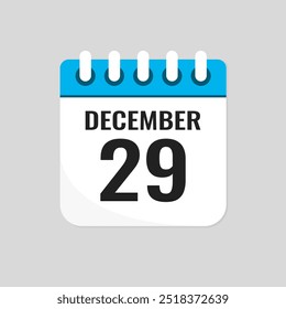 Vector icon page calendar day of month - 29 December. 29th day of month - Sunday, Monday, Tuesday, Wednesday, Thursday, Friday, Saturday. Anniversary, reminder, plan, to-do list. Calender on the wall