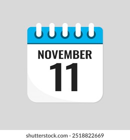 Vector icon page calendar day of month - 11 November. 11th day of month - Sunday, Monday, Tuesday, Wednesday, Thursday, Friday, Saturday. Anniversary, reminder, plan, to-do list. Calender on the wall