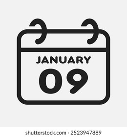 Vector icon page calendar day of month - 9 January. 9th day of month - Sunday, Monday, Tuesday, Wednesday, Thursday, Friday, Saturday. Anniversary, reminder, plan, to-do list. Calender on the wall