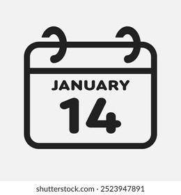 Vector icon page calendar day of month - 14 January. 14th day of month - Sunday, Monday, Tuesday, Wednesday, Thursday, Friday, Saturday. Anniversary, reminder, plan, to-do list. Calender on the wall