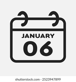 Vector icon page calendar day of month - 6 January. 6th day of month - Sunday, Monday, Tuesday, Wednesday, Thursday, Friday, Saturday. Anniversary, reminder, plan, to-do list. Calender on the wall