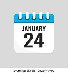 Vector icon page calendar day of month - 24 January. 24th day of month - Sunday, Monday, Tuesday, Wednesday, Thursday, Friday, Saturday. Anniversary, reminder, plan, to-do list. Calender on the wall