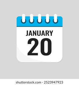 Vector icon page calendar day of month - 20 January. 20th day of month - Sunday, Monday, Tuesday, Wednesday, Thursday, Friday, Saturday. Anniversary, reminder, plan, to-do list. Calender on the wall