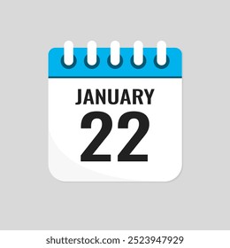 Vector icon page calendar day of month - 22 January. 22th day of month - Sunday, Monday, Tuesday, Wednesday, Thursday, Friday, Saturday. Anniversary, reminder, plan, to-do list. Calender on the wall