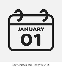 Vector icon page calendar day of month - 1 January. 1th day of month - Sunday, Monday, Tuesday, Wednesday, Thursday, Friday, Saturday. Anniversary, reminder, plan, to-do list. Calender on the wall