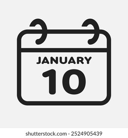 Vector icon page calendar day of month - 10 January. 10th day of month - Sunday, Monday, Tuesday, Wednesday, Thursday, Friday, Saturday. Anniversary, reminder, plan, to-do list. Calender on the wall