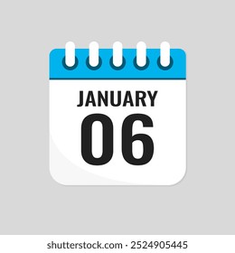 Vector icon page calendar day of month - 6 January. 6th day of month - Sunday, Monday, Tuesday, Wednesday, Thursday, Friday, Saturday. Anniversary, reminder, plan, to-do list. Calender on the wall