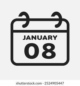 Vector icon page calendar day of month - 8 January. 8th day of month - Sunday, Monday, Tuesday, Wednesday, Thursday, Friday, Saturday. Anniversary, reminder, plan, to-do list. Calender on the wall