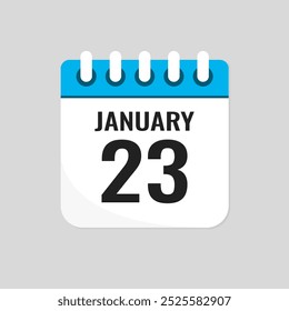 Vector icon page calendar day of month - 23 January. 23th day of month - Sunday, Monday, Tuesday, Wednesday, Thursday, Friday, Saturday. Anniversary, reminder, plan, to-do list. Calender on the wall