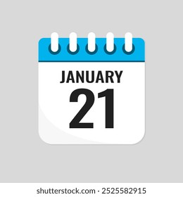 Vector icon page calendar day of month - 21 January. 21th day of month - Sunday, Monday, Tuesday, Wednesday, Thursday, Friday, Saturday. Anniversary, reminder, plan, to-do list. Calender on the wall