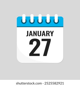 Vector icon page calendar day of month - 27 January. 27th day of month - Sunday, Monday, Tuesday, Wednesday, Thursday, Friday, Saturday. Anniversary, reminder, plan, to-do list. Calender on the wall