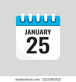 Vector icon page calendar day of month - 25 January. 25th day of month - Sunday, Monday, Tuesday, Wednesday, Thursday, Friday, Saturday. Anniversary, reminder, plan, to-do list. Calender on the wall