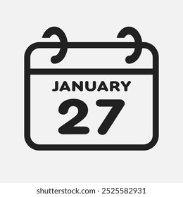 Vector icon page calendar day of month - 27 January. 27th day of month - Sunday, Monday, Tuesday, Wednesday, Thursday, Friday, Saturday. Anniversary, reminder, plan, to-do list. Calender on the wall