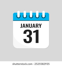 Vector icon page calendar day of month - 31 January. 31th day of month - Sunday, Monday, Tuesday, Wednesday, Thursday, Friday, Saturday. Anniversary, reminder, plan, to-do list. Calender on the wall