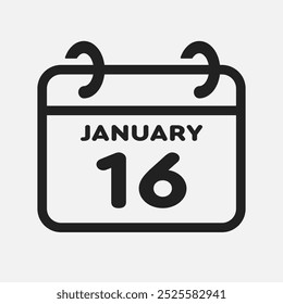 Vector icon page calendar day of month - 16 January. 16th day of month - Sunday, Monday, Tuesday, Wednesday, Thursday, Friday, Saturday. Anniversary, reminder, plan, to-do list. Calender on the wall