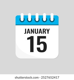 Vector icon page calendar day of month - 15 January. 15th day of month - Sunday, Monday, Tuesday, Wednesday, Thursday, Friday, Saturday. Anniversary, reminder, plan, to-do list. Calender on the wall