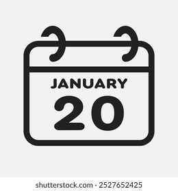 Vector icon page calendar day of month - 20 January. 20th day of month - Sunday, Monday, Tuesday, Wednesday, Thursday, Friday, Saturday. Anniversary, reminder, plan, to-do list. Calender on the wall