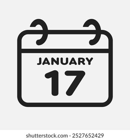 Vector icon page calendar day of month - 17 January. 17th day of month - Sunday, Monday, Tuesday, Wednesday, Thursday, Friday, Saturday. Anniversary, reminder, plan, to-do list. Calender on the wall