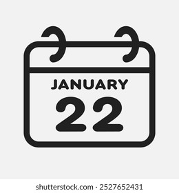 Vector icon page calendar day of month - 22 January. 22th day of month - Sunday, Monday, Tuesday, Wednesday, Thursday, Friday, Saturday. Anniversary, reminder, plan, to-do list. Calender on the wall