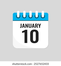 Vector icon page calendar day of month - 10 January. 10th day of month - Sunday, Monday, Tuesday, Wednesday, Thursday, Friday, Saturday. Anniversary, reminder, plan, to-do list. Calender on the wall