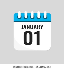 Vector icon page calendar day of month - 1 January. 1th day of month - Sunday, Monday, Tuesday, Wednesday, Thursday, Friday, Saturday. Anniversary, reminder, plan, to-do list. Calender on the wall