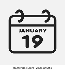 Vector icon page calendar day of month - 19 January. 19th day of month - Sunday, Monday, Tuesday, Wednesday, Thursday, Friday, Saturday. Anniversary, reminder, plan, to-do list. Calender on the wall