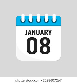 Vector icon page calendar day of month - 8 January. 8th day of month - Sunday, Monday, Tuesday, Wednesday, Thursday, Friday, Saturday. Anniversary, reminder, plan, to-do list. Calender on the wall