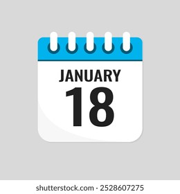 Vector icon page calendar day of month - 18 January. 18th day of month - Sunday, Monday, Tuesday, Wednesday, Thursday, Friday, Saturday. Anniversary, reminder, plan, to-do list. Calender on the wall