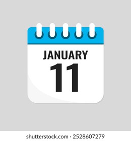 Vector icon page calendar day of month - 11 January. 11th day of month - Sunday, Monday, Tuesday, Wednesday, Thursday, Friday, Saturday. Anniversary, reminder, plan, to-do list. Calender on the wall