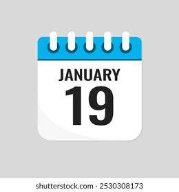 Vector icon page calendar day of month - 19 January. 19th day of month - Sunday, Monday, Tuesday, Wednesday, Thursday, Friday, Saturday. Anniversary, reminder, plan, to-do list. Calender on the wall