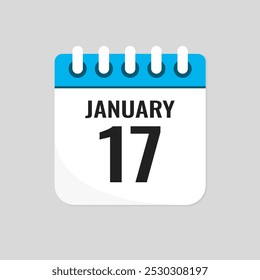 Vector icon page calendar day of month - 17 January. 17th day of month - Sunday, Monday, Tuesday, Wednesday, Thursday, Friday, Saturday. Anniversary, reminder, plan, to-do list. Calender on the wall