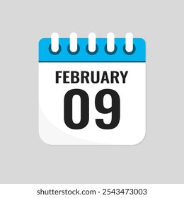 Vector icon page calendar day of month - 9 February. 9th day of month - Sunday, Monday, Tuesday, Wednesday, Thursday, Friday, Saturday. Anniversary, reminder, plan, to-do list. Calender on the wall