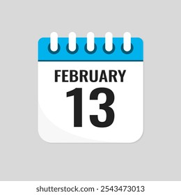 Vector icon page calendar day of month - 13 February. 13th day of month - Sunday, Monday, Tuesday, Wednesday, Thursday, Friday, Saturday. Anniversary, reminder, plan, to-do list. Calender on the wall