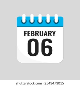 Vector icon page calendar day of month - 6 February. 6th day of month - Sunday, Monday, Tuesday, Wednesday, Thursday, Friday, Saturday. Anniversary, reminder, plan, to-do list. Calender on the wall