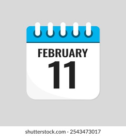 Vector icon page calendar day of month - 11 February. 11th day of month - Sunday, Monday, Tuesday, Wednesday, Thursday, Friday, Saturday. Anniversary, reminder, plan, to-do list. Calender on the wall