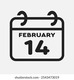 Vector icon page calendar day of month - 14 February. 14th day of month - Sunday, Monday, Tuesday, Wednesday, Thursday, Friday, Saturday. Anniversary, reminder, plan, to-do list. Calender on the wall