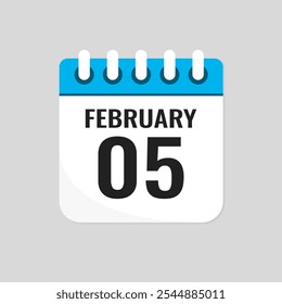 Vector icon page calendar day of month - 5 February. 5th day of month - Sunday, Monday, Tuesday, Wednesday, Thursday, Friday, Saturday. Anniversary, reminder, plan, to-do list. Calender on the wall