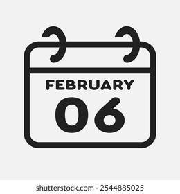 Vector icon page calendar day of month - 6 February. 6th day of month - Sunday, Monday, Tuesday, Wednesday, Thursday, Friday, Saturday. Anniversary, reminder, plan, to-do list. Calender on the wall