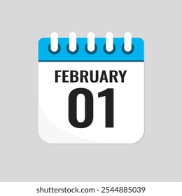 Vector icon page calendar day of month - 1 February. 1th day of month - Sunday, Monday, Tuesday, Wednesday, Thursday, Friday, Saturday. Anniversary, reminder, plan, to-do list. Calender on the wall