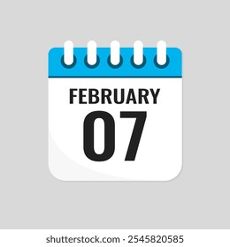 Vector icon page calendar day of month - 7 February. 7th day of month - Sunday, Monday, Tuesday, Wednesday, Thursday, Friday, Saturday. Anniversary, reminder, plan, to-do list. Calender on the wall